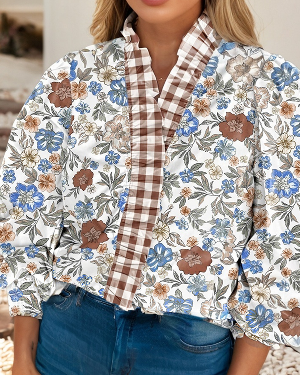 Plaid Frilled Trim V Neck Floral Long Sleeve Blouse