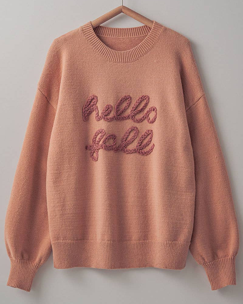 Cozy Embroidered Hello Fall Knit Crewneck Sweater