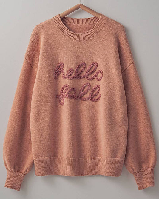 Cozy Embroidered Hello Fall Knit Crewneck Sweater