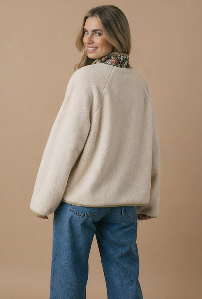 High Neck Snap Button Sherpa Floral Jacket
