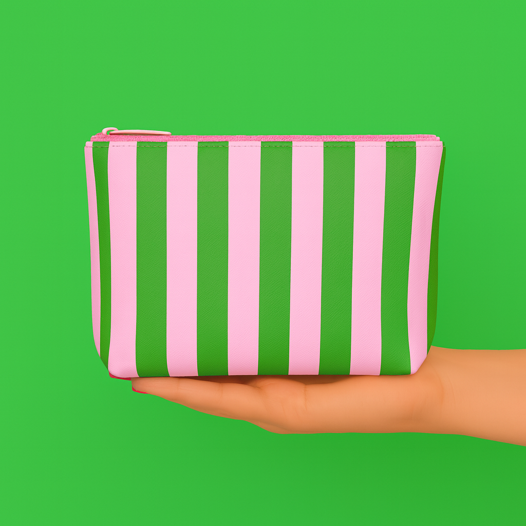 Preppy Pink & Green Stripe Cosmetic Bag