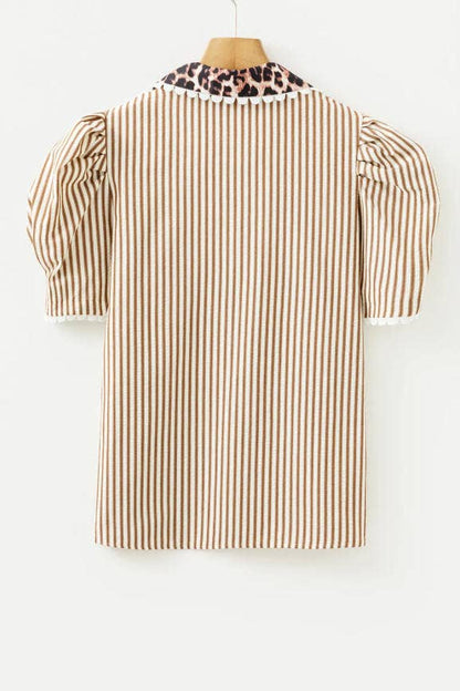 Brown Stripe & Leopard Patchwork Collar V Neck Blouse