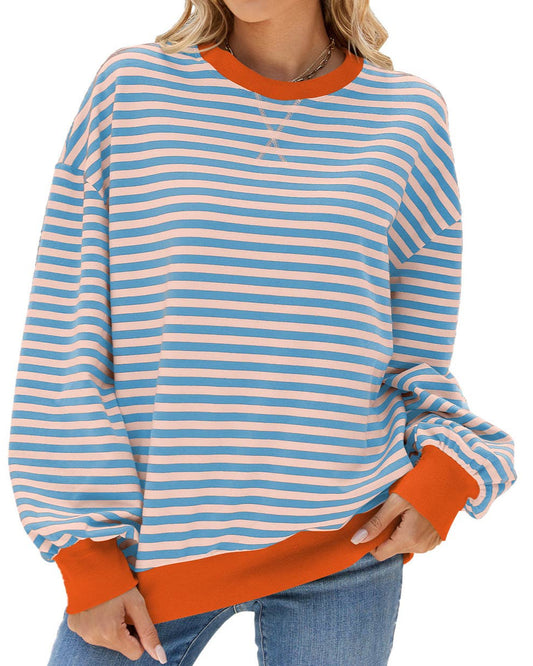 Blue & Pink Striped Oversized Crewneck Sweatshirt