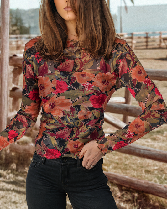 Moody Floral Print Long Sleeve Mesh Top