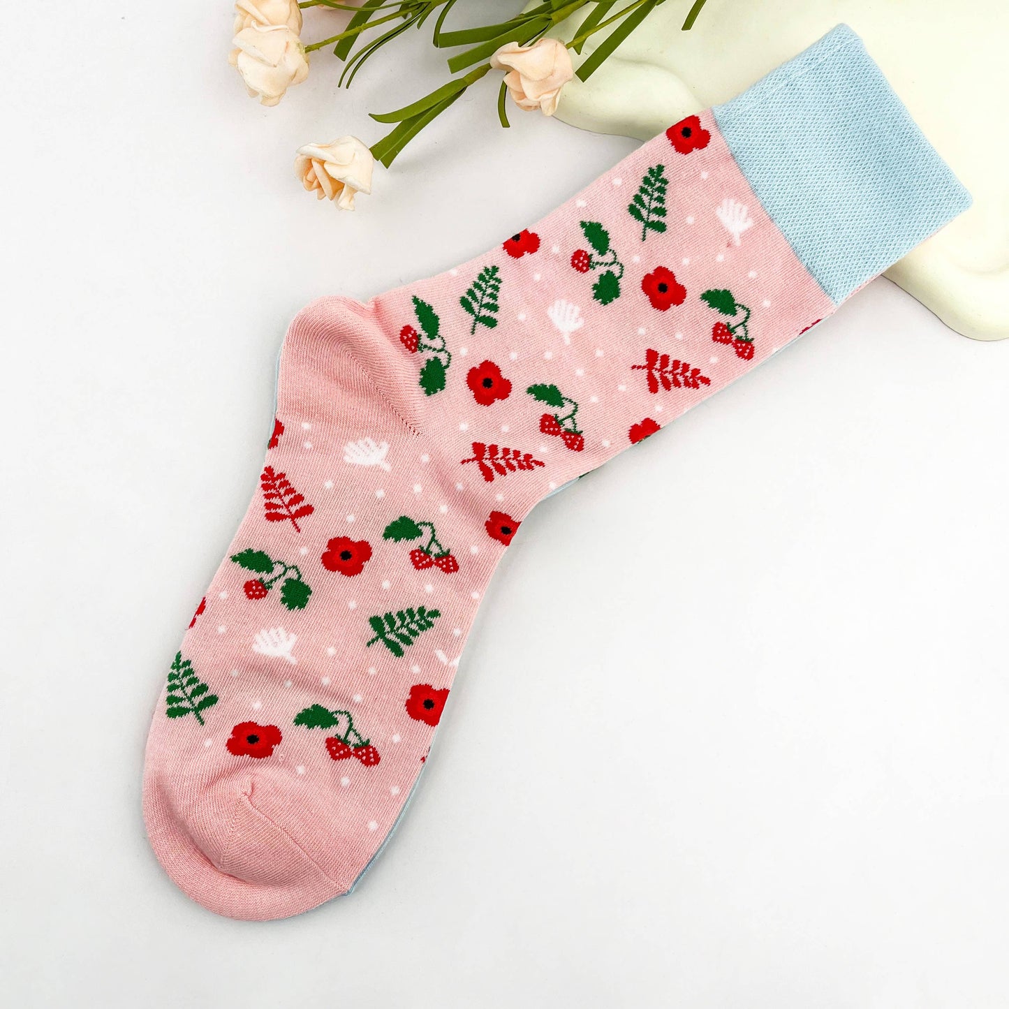 Strawberry Blossom Mismatched Double-Sided Mid-Crew Socks