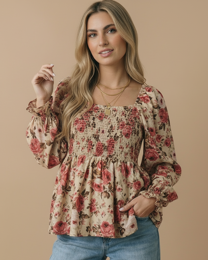 V Neck Floral Babydoll Smocking Fit Top