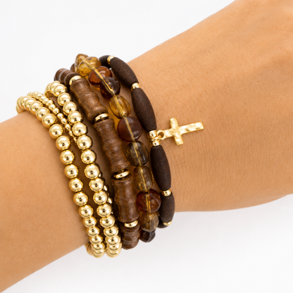 Cross Wood & Bead 5-Piece Stretch Bracelet Stack
