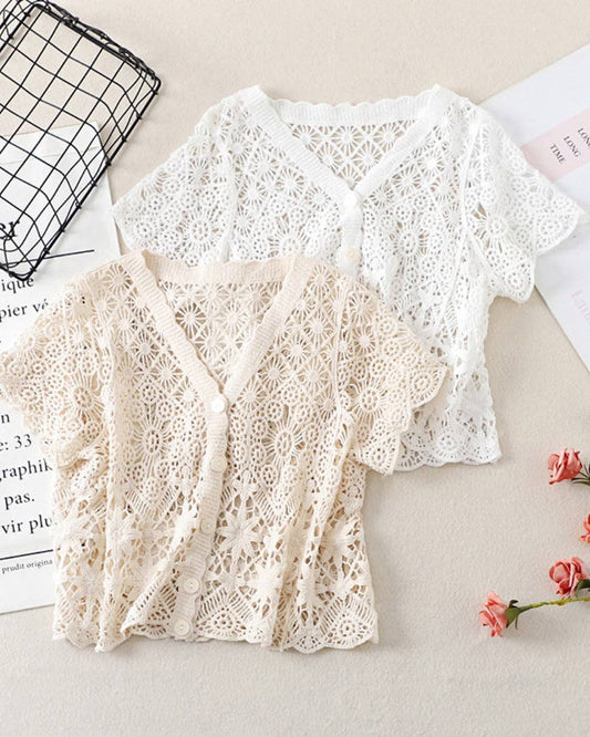 Crochet Button Up Short-Sleeve Cardigan