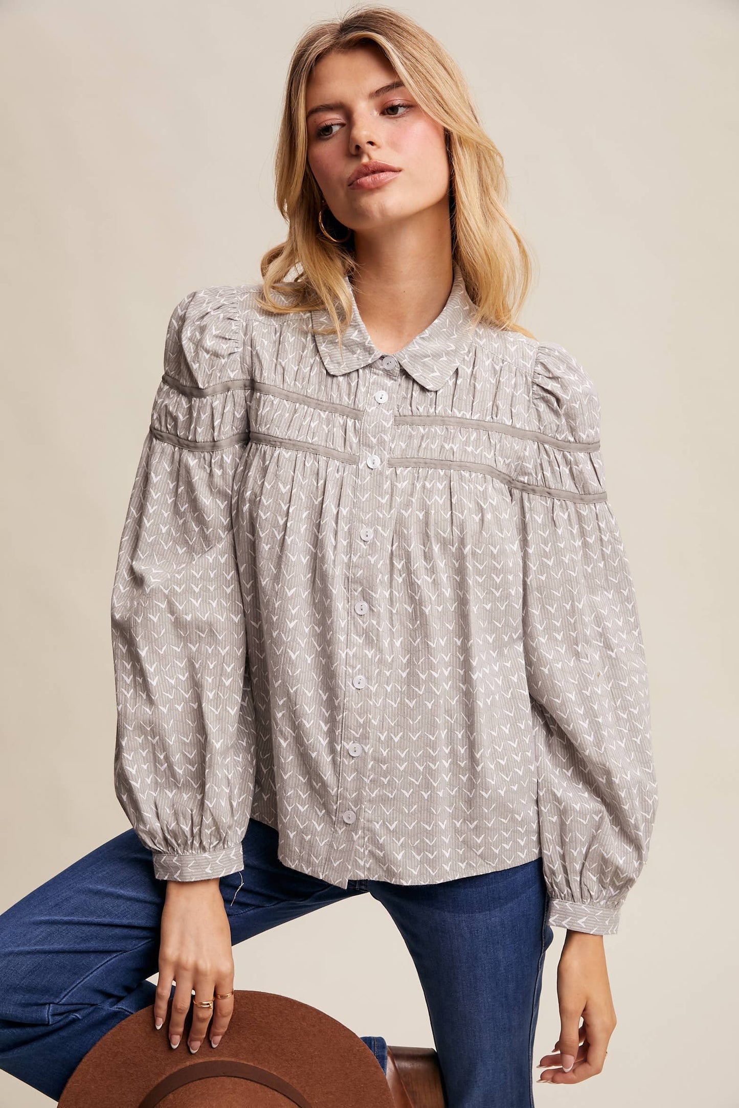 Lavender Grey Pintuck Puff Sleeve Blouse