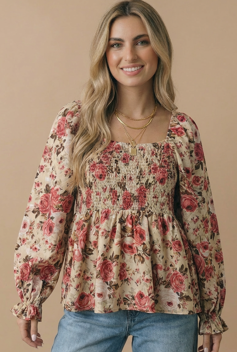 V Neck Floral Babydoll Smocking Fit Top