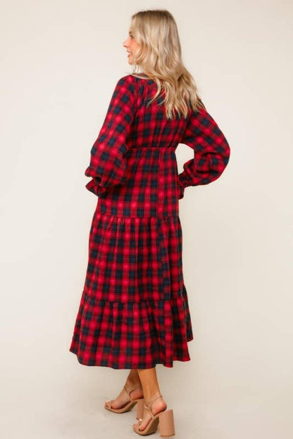Plaid Check Tiered Maxi Dress W/ Side Pocket