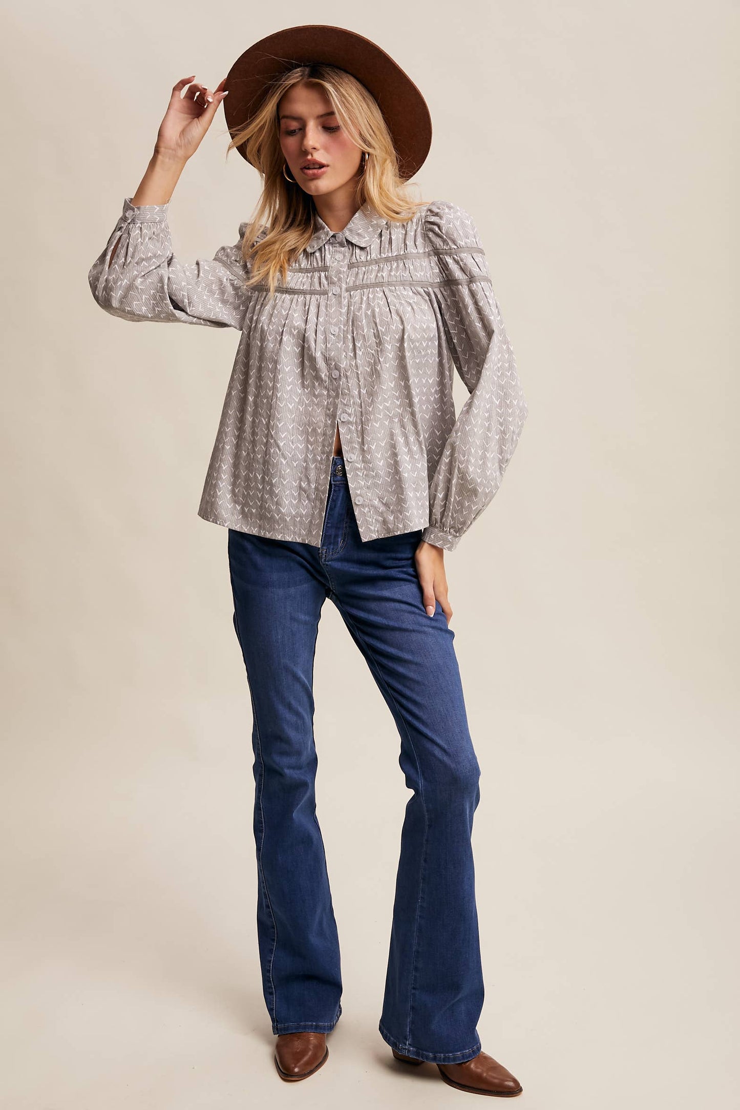 Lavender Grey Pintuck Puff Sleeve Blouse