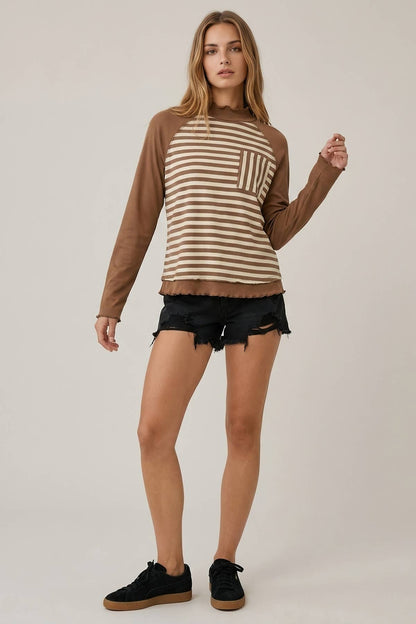 Striped Contrast Pocket Mock Neck