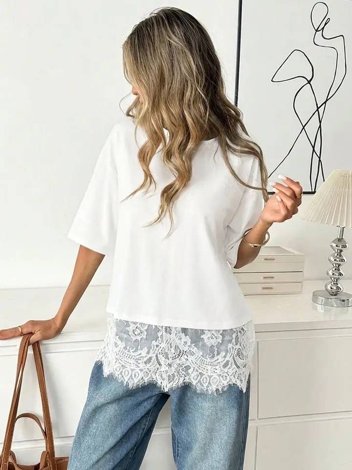 White Lace Trim Relaxed Fit Top