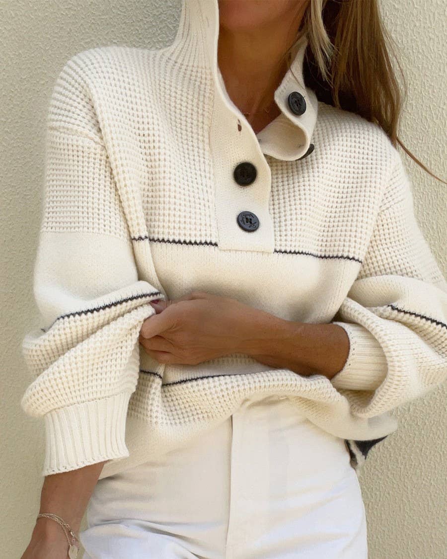 Casual Button Neck Striped Knit Sweater
