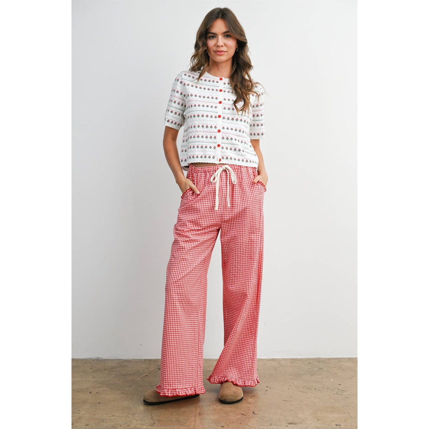 Women's Striped Ruffle Hem Cropped Pants- BMP8476