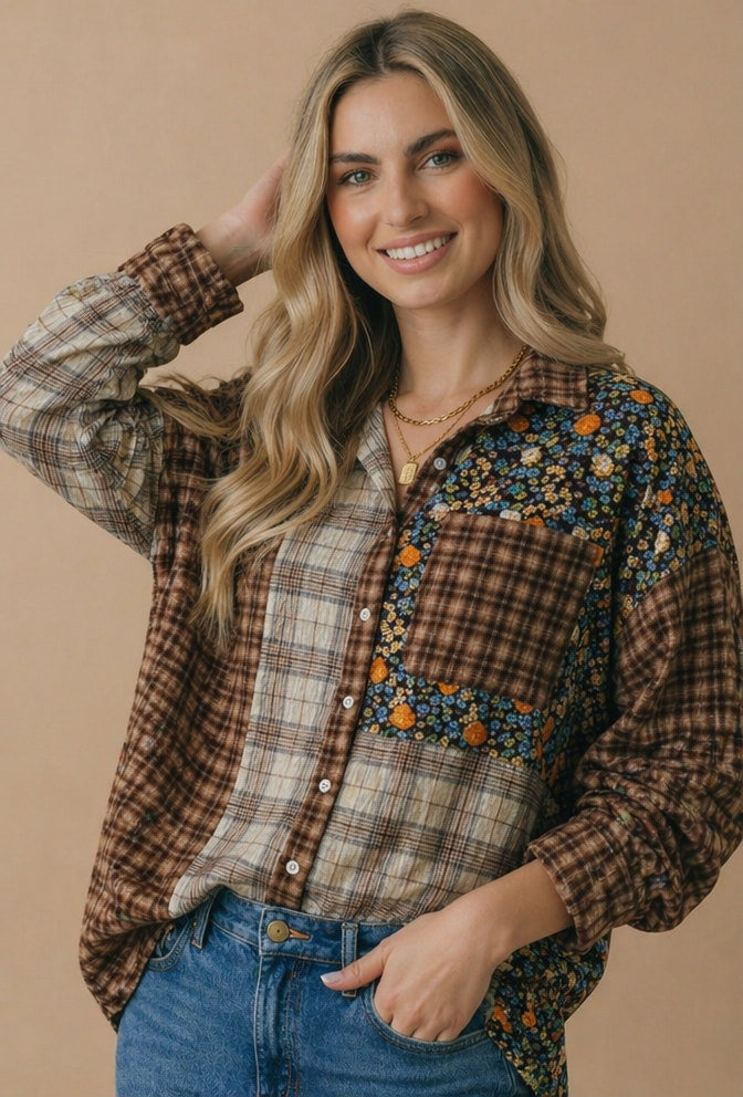 Plaid & Floral Color Block Button Down