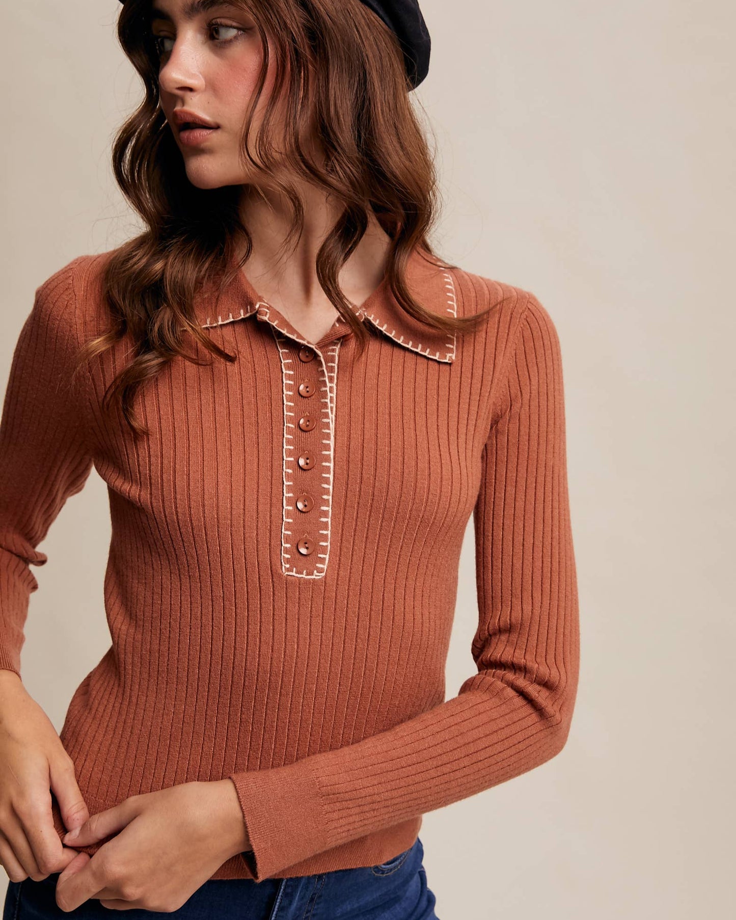Contrast Stitch Ribbed Knit Top