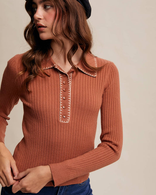 Contrast Stitch Ribbed Knit Top