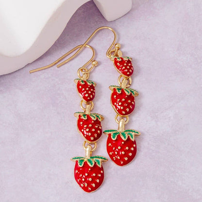 Multi Strawberry Fruit Link Dangle Earrings
