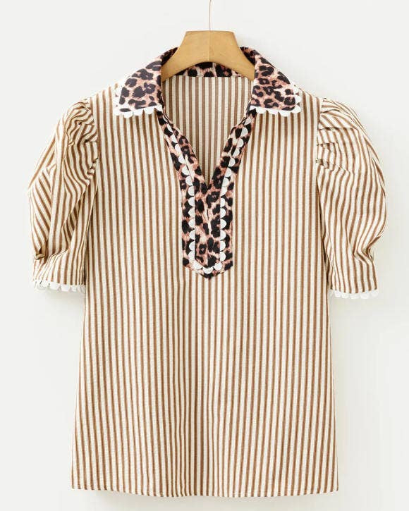 Brown Stripe & Leopard Patchwork Collar V Neck Blouse