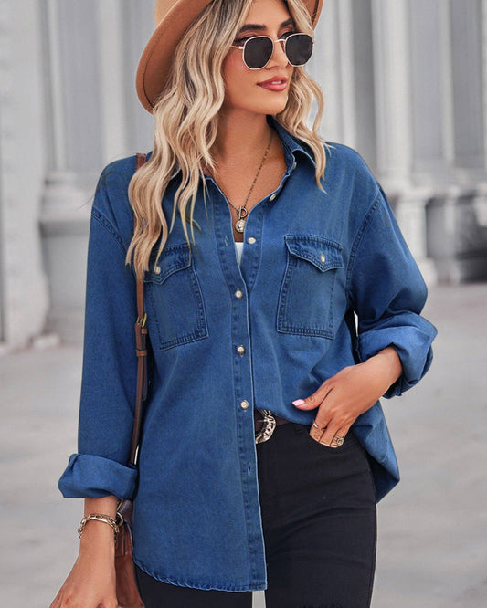 Denim Lapel Button Down Top