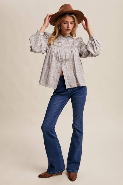 Lavender Grey Pintuck Puff Sleeve Blouse
