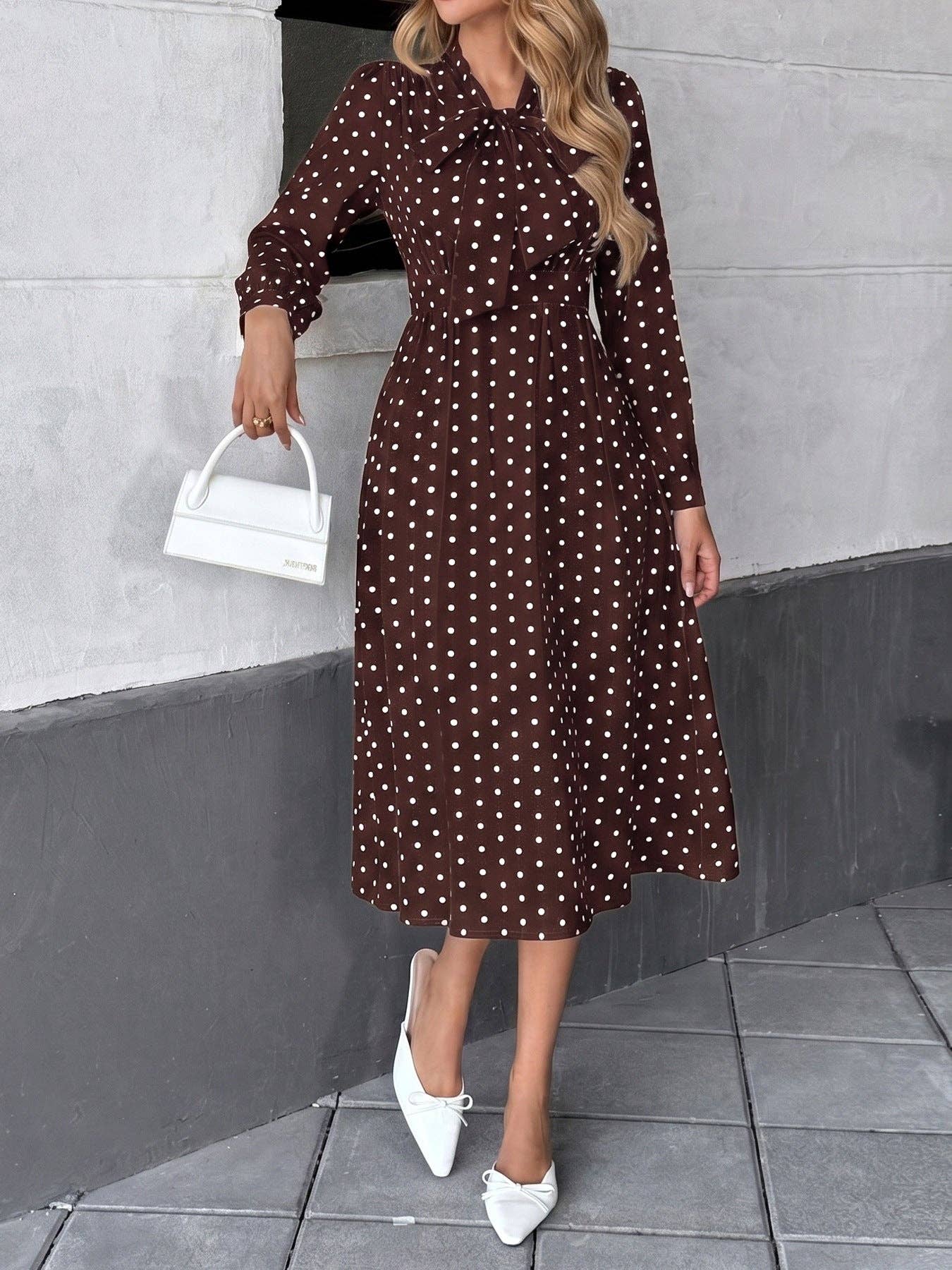 Polka Dot Bow Tie Neck Dress Long Sleeve Vintage Midi