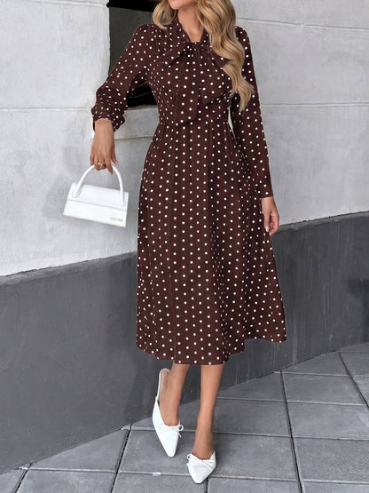 Polka Dot Bow Tie Neck Dress Long Sleeve Vintage Midi