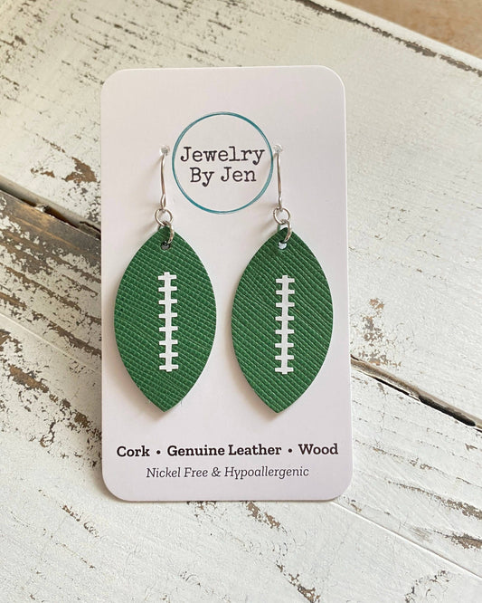 Green w/White Stitches Football Earrings