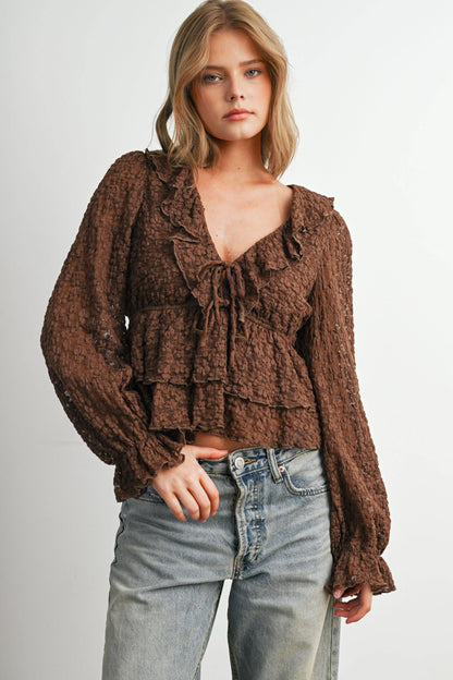 Brown Lace Ruffle Long Sleeve Blouse