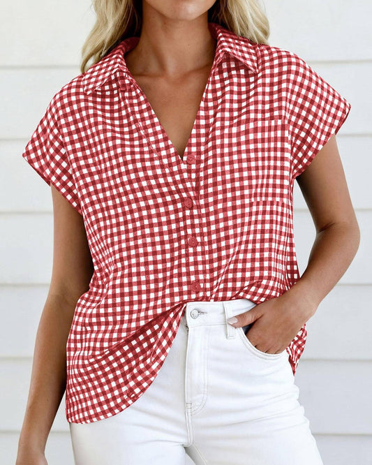 Women Gingham Button Down Summer Top Loose Fit Blouse