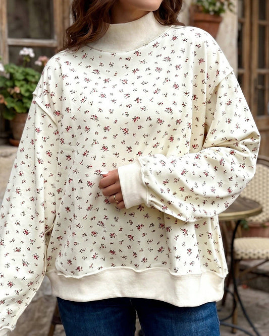Beige Patchwork Floral Print Sweatshirt