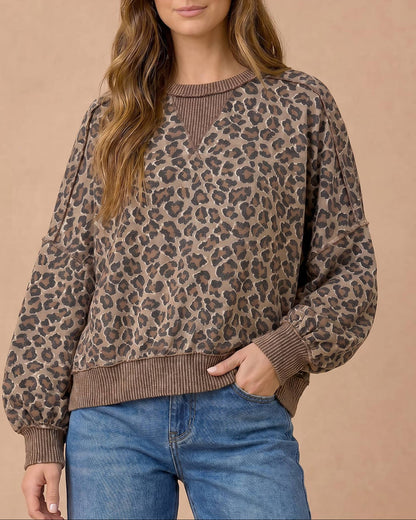 Leopard Print Wave Rib Banded Hem Pullover