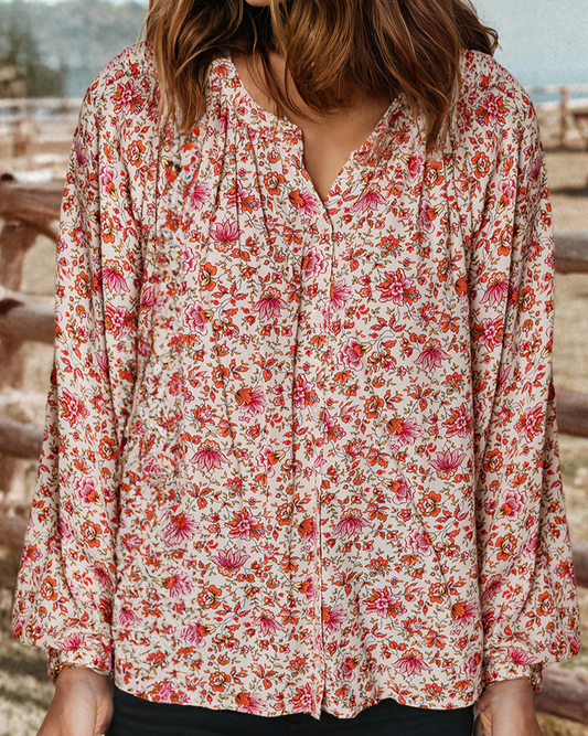 Boho Magenta & Orange Floral Print w/ Puff Sleeve Blouse