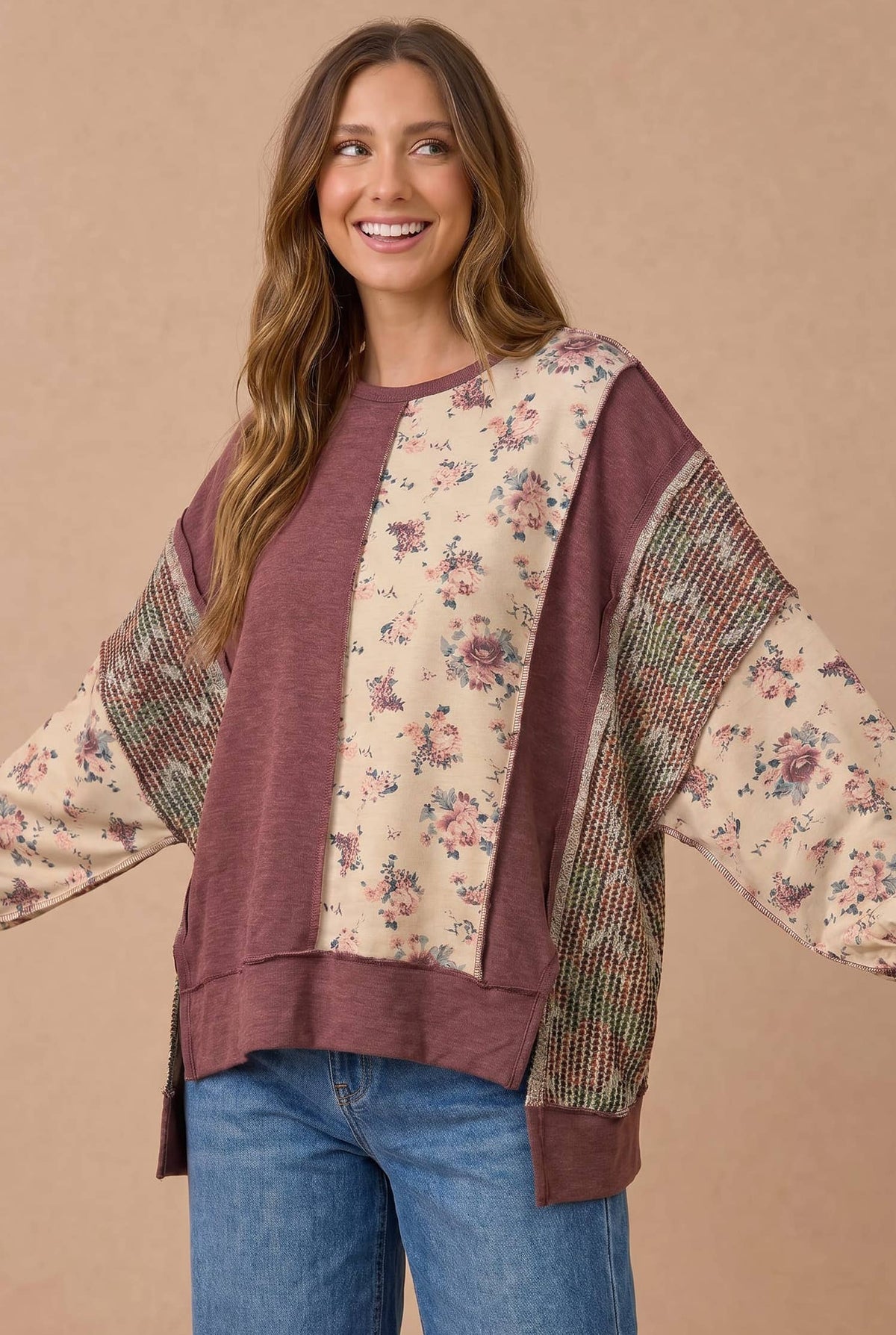 Mixed Fabric Floral Waffle Knit Paneling Top