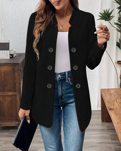 Textured Double Breasted Blazer Stand Collar