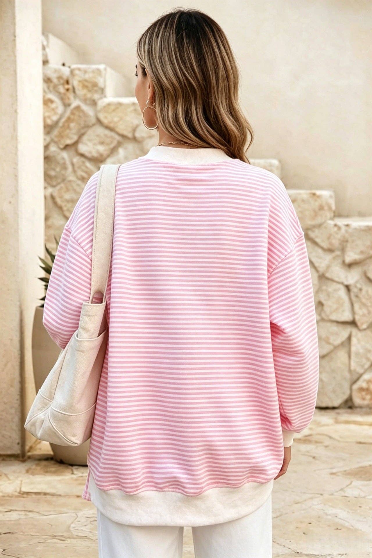 Striped Cotton Sweatshirt Oversized Long Sleeve Top