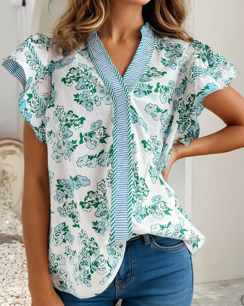 Flower Striped Colorblock V Neck Short Sleeve Top