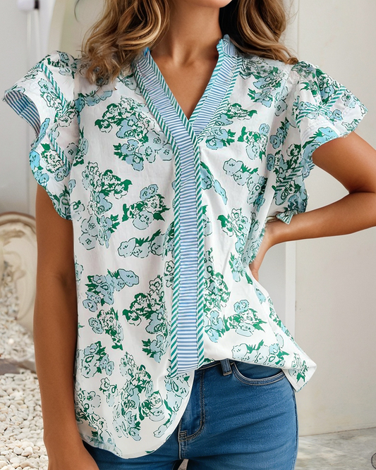 Flower Striped Colorblock V Neck Short Sleeve Top