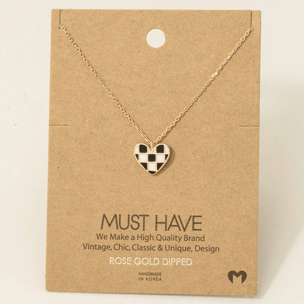 Black & White Checkered Heart Pendant Necklace