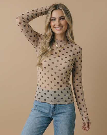 High Neck Polka Dot Merrow Hem Mesh Top