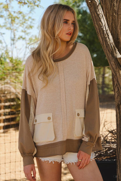 Tan Color Block w/ lace Sweatshirt