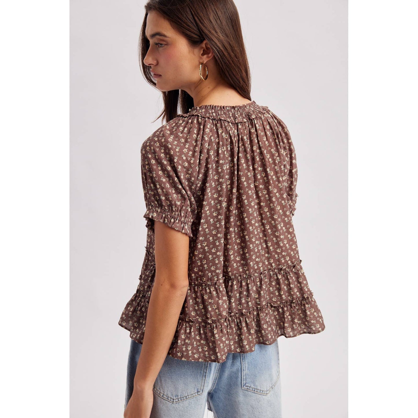 Brown & Dainty Floral Tie Neck Blouse