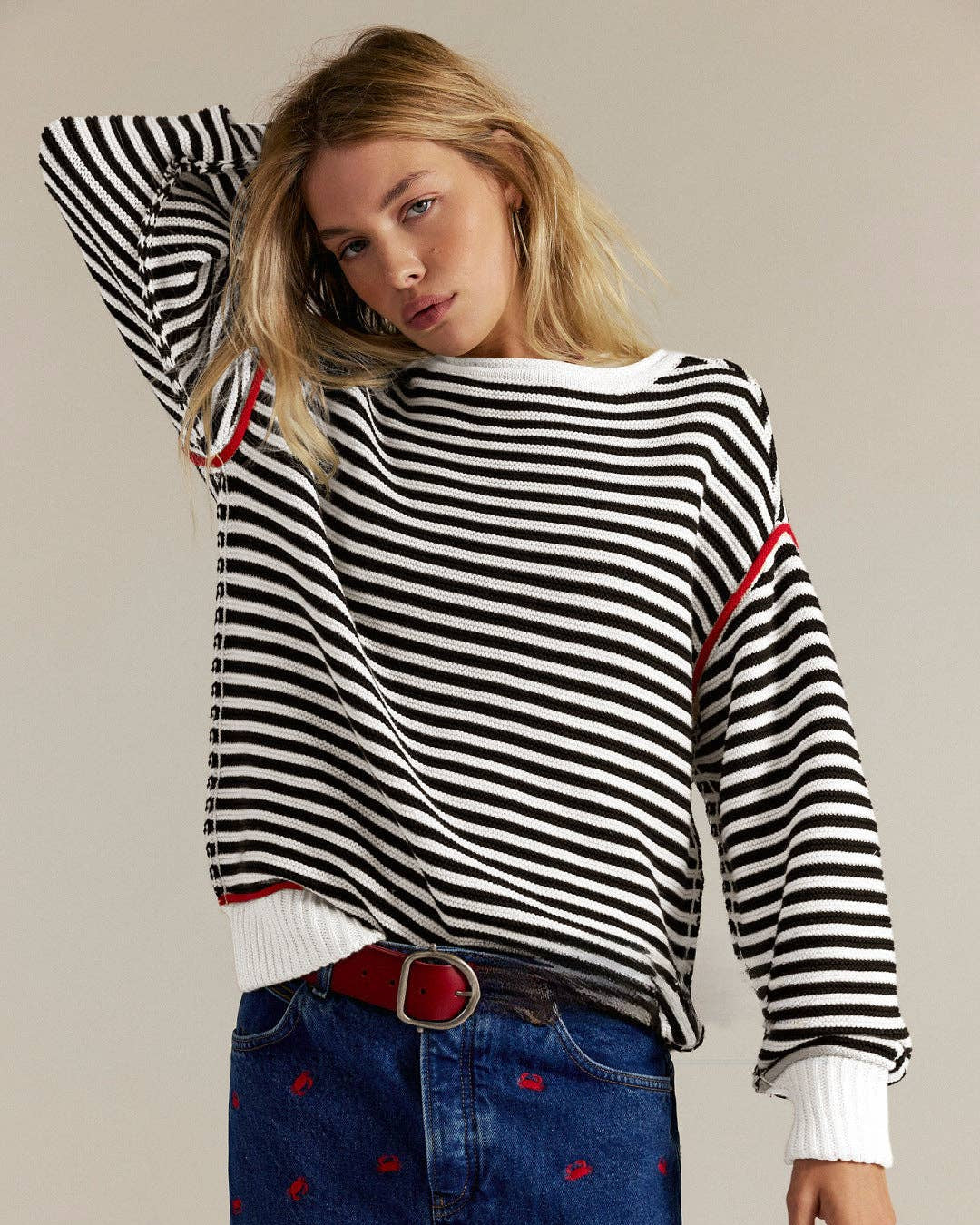 Black &White Striped Crewneck Knit Sweater