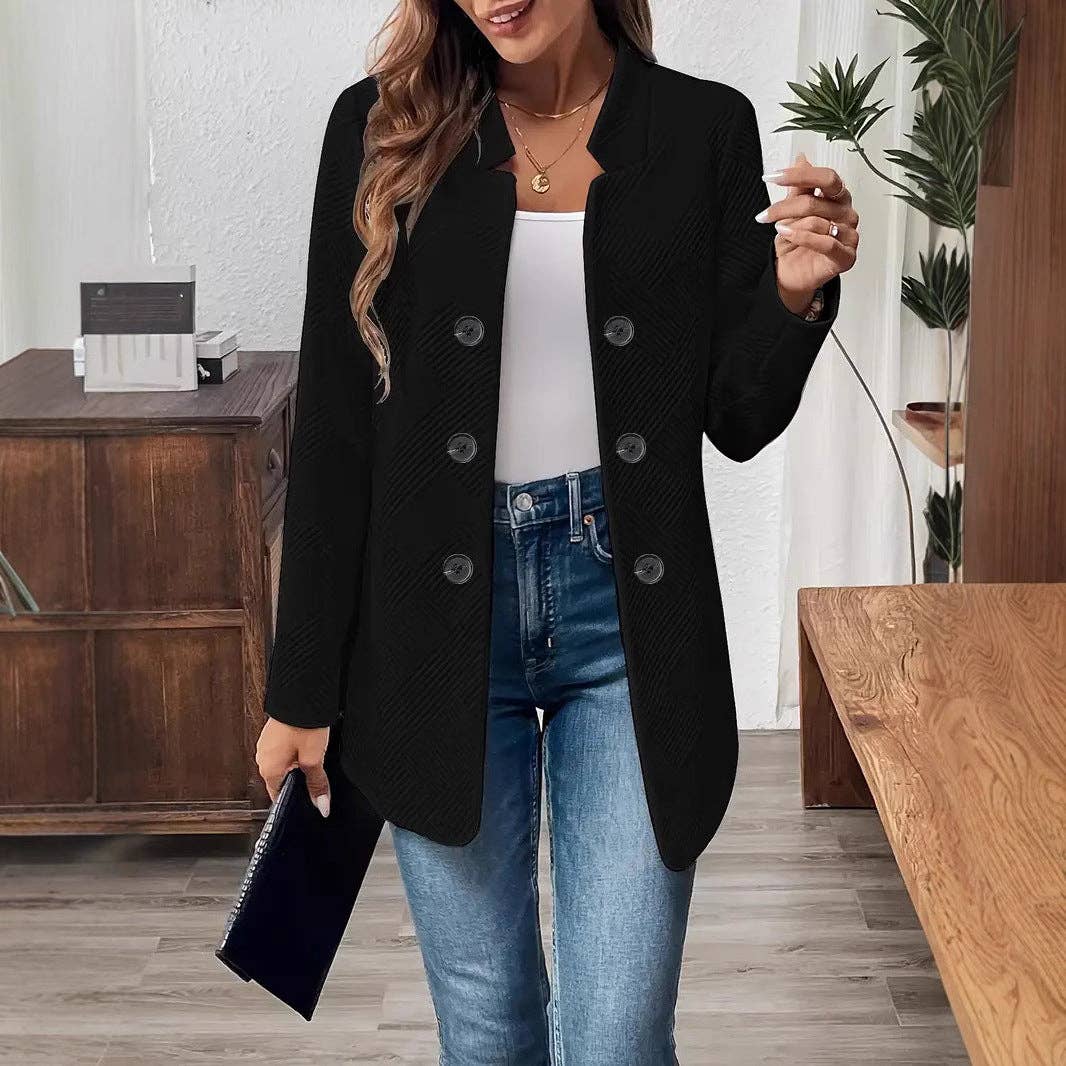 Textured Double Breasted Blazer Stand Collar