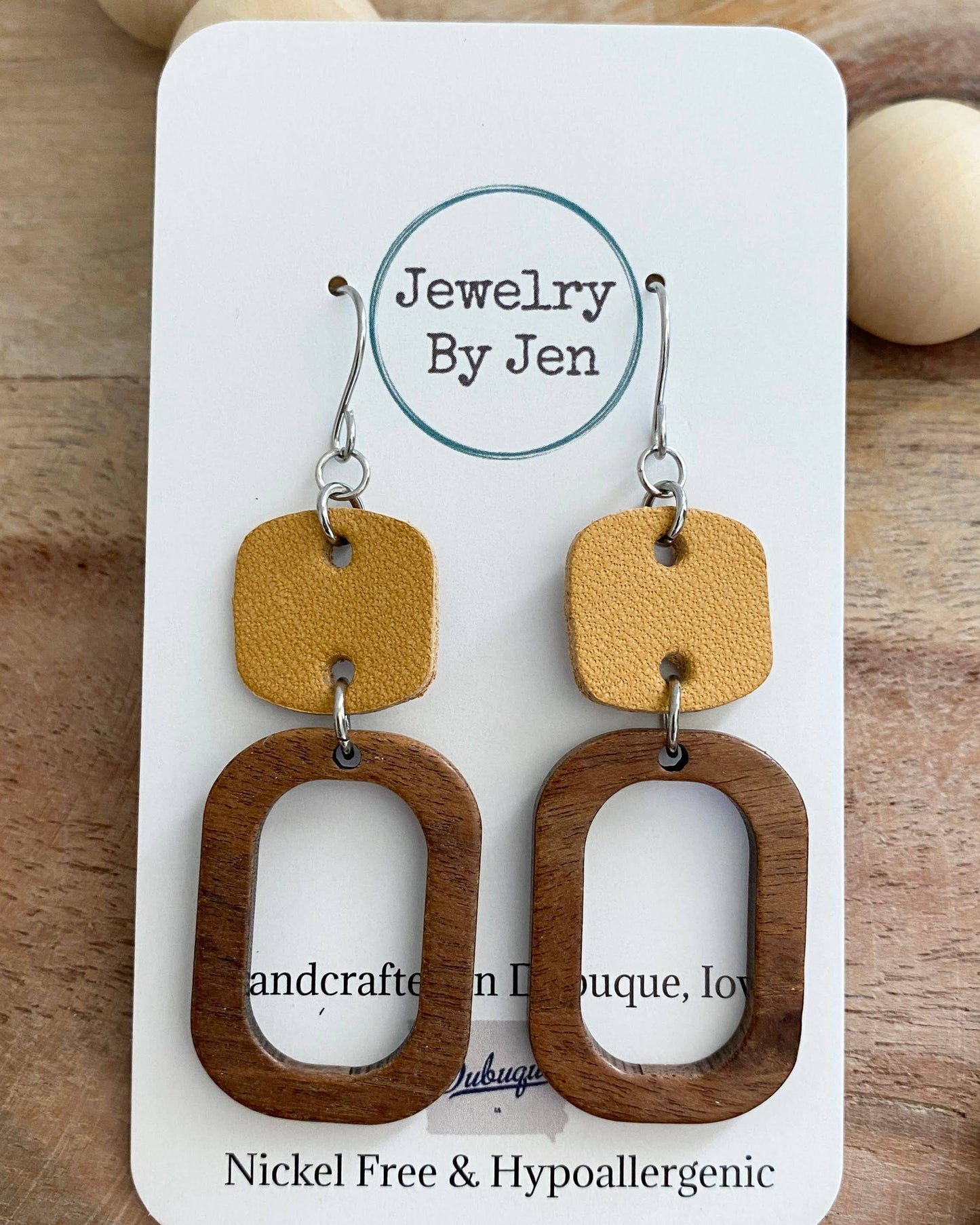 Wood Cutout Rectangle & Mustard Rounded Square Earrings