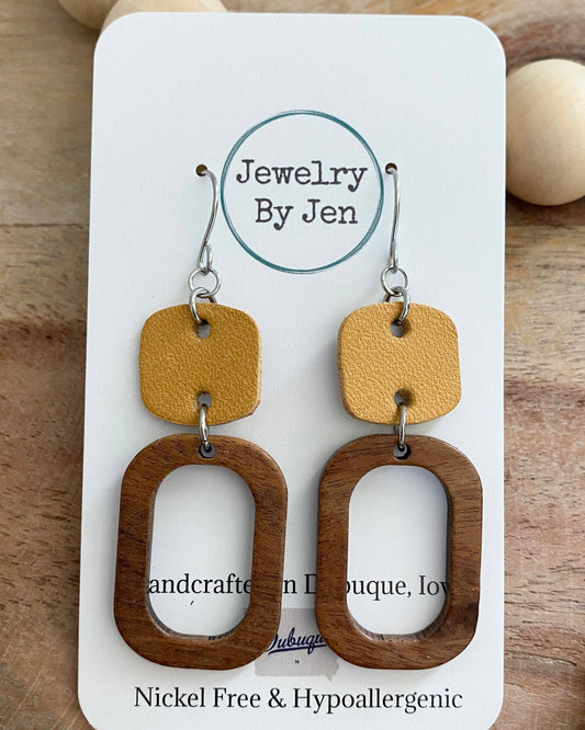 Wood Cutout Rectangle & Mustard Rounded Square Earrings