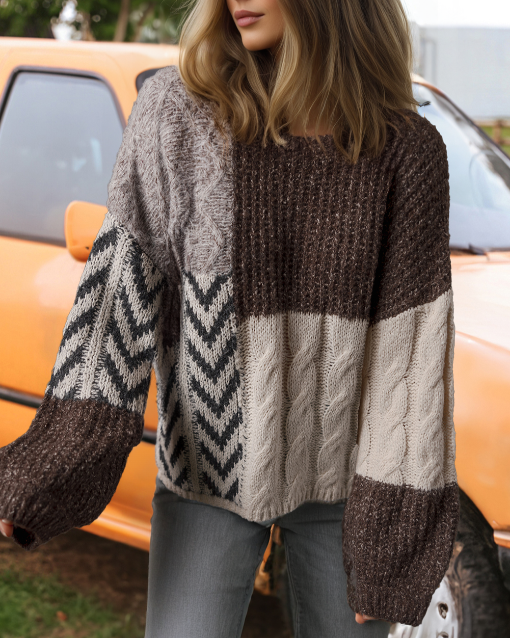 Natural Colors Block Patched Knotted Back Loose Fit Sweater