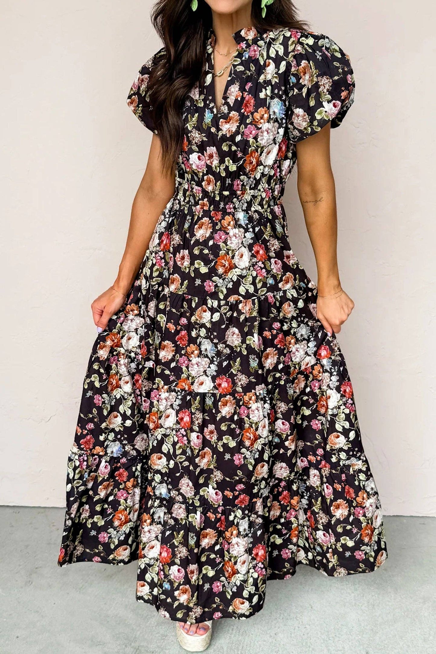 Black Floral Print Maxi Dress